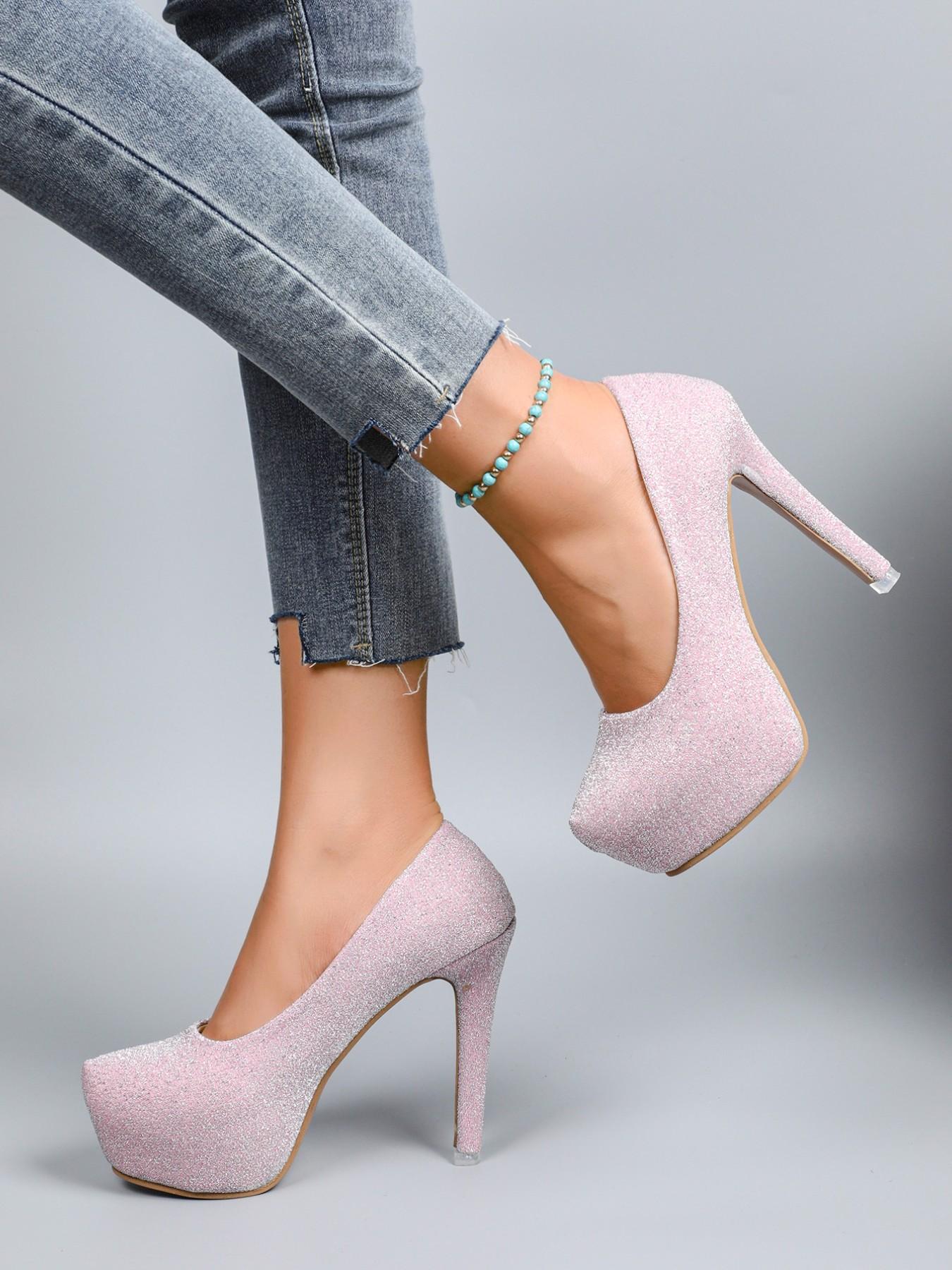 12cm High Heel Women's Shoes, Fashionable Round Toe, Sparkly Crystal Sole, Waterproof Platform, Slimming Thick Bottom, All-Season Style
