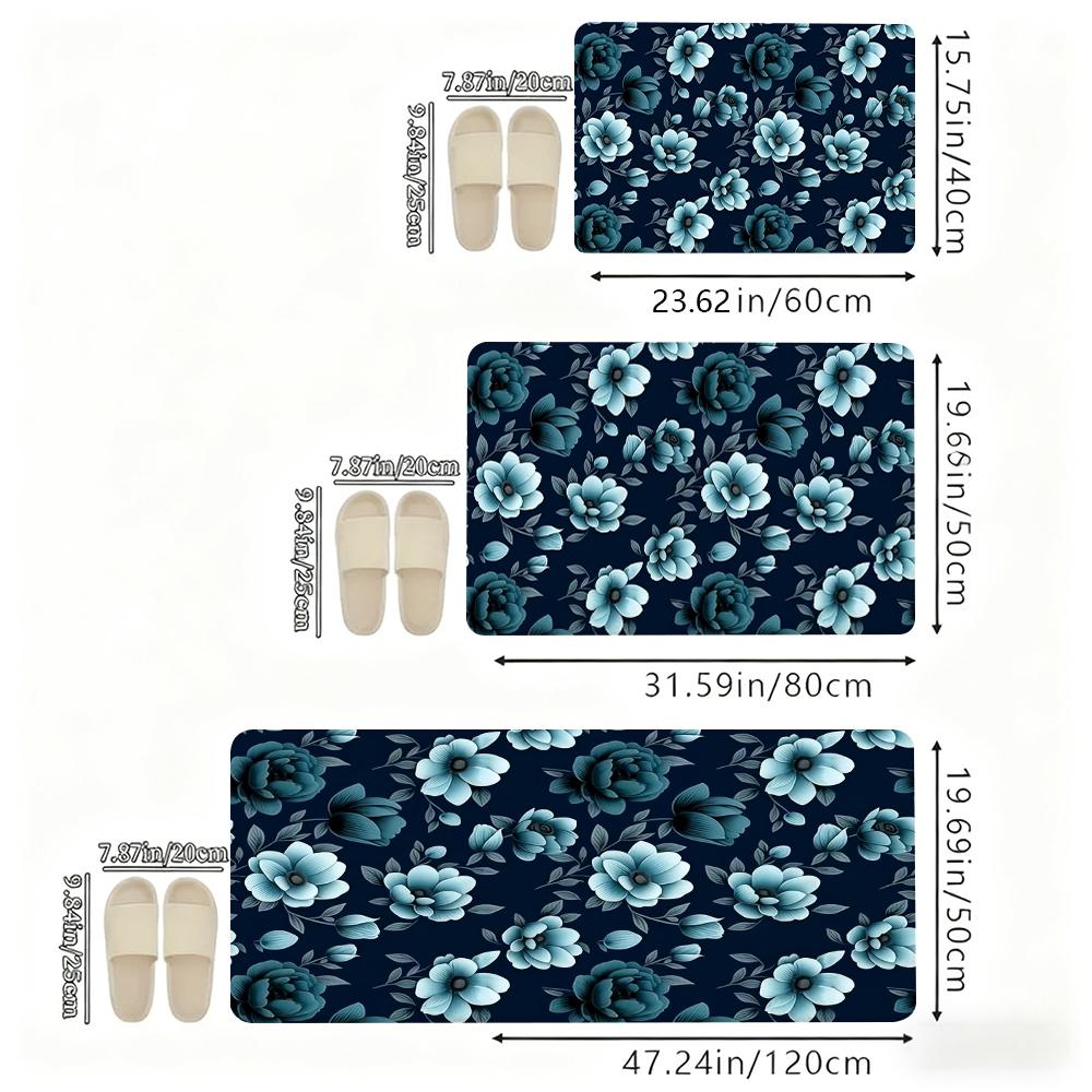 Blue Floral Kitchen Mat, Watercolor Rose Flower Non-Slip Washable Floor Mats, Aesthetic Botanical Runner Rugs for Kitchen, Living Room & Home Decor