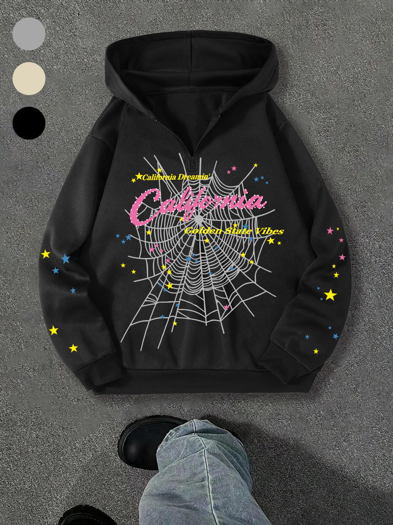 Men's Hooded Sweatshirt, Spider Web Pattern, Letter Print, Colorful Stars, Street Punk Style, Casual Fitted, Fall & Winter, Graphic Hoodie
