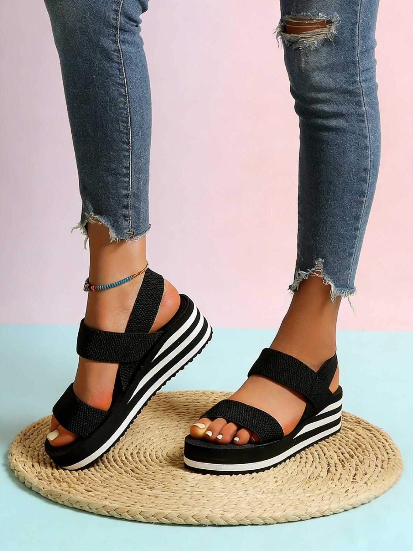 Thick Sole Fish Mouth Sandals, Elastic Strap, Lightweight Casual Beach Shoes, All-Season Textile Upper, Rubber Sole, Large Size