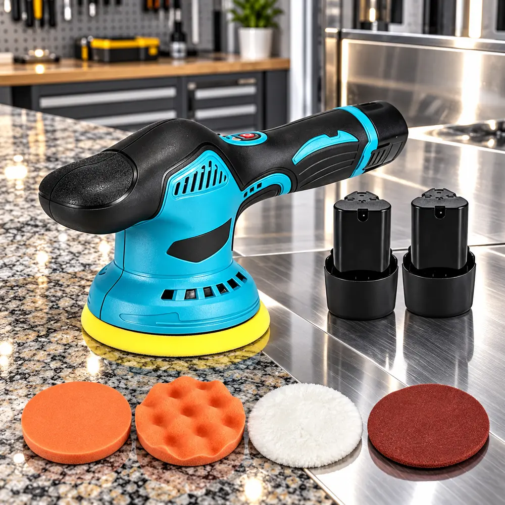 5 inch cordless buffer polisher for car detailing, lightweight anti-vibration body, compatible with 125mm polishing pads, for waxing buffing sanding and finishing, for car paint boat wood metal counters and furniture
