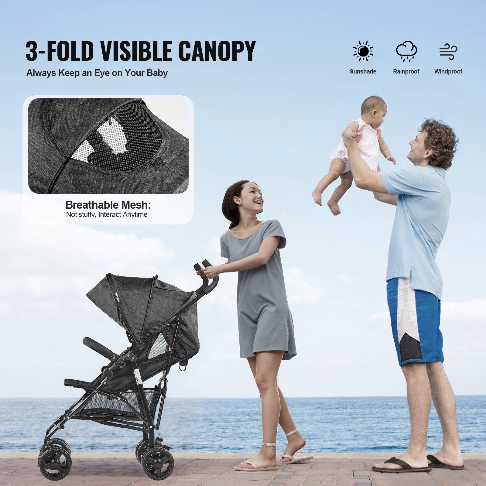 fathersdaygift VEVOR Lightweight Stroller, Compact Easy Fold MultiPosition Recline Canopy Backrest, Carbon Steel Frame, Large Storage Basket, Cup Holder, Umbrella Toddler Baby Stroller for Travel and More, Black