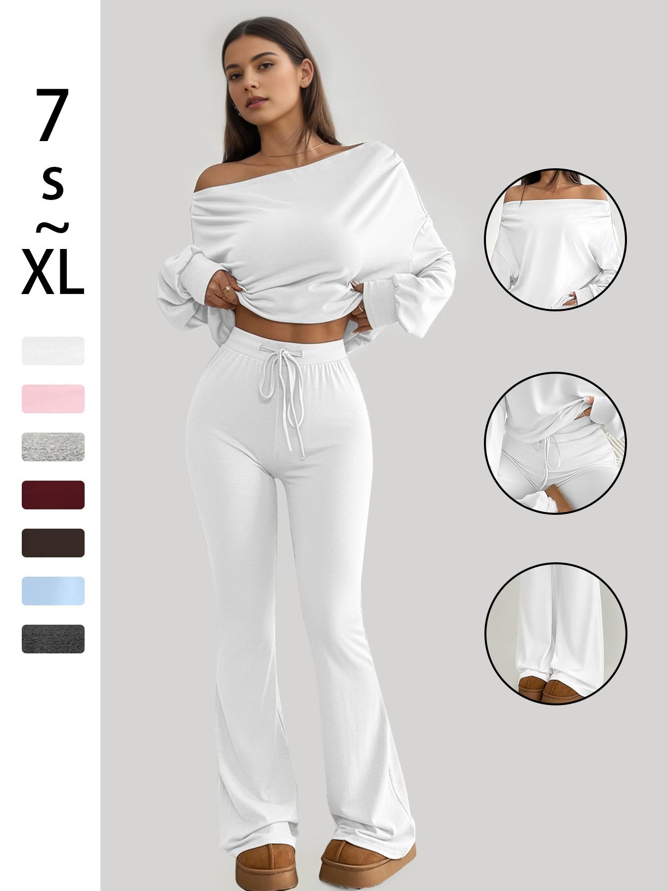 One Shoulder Long Sleeve Loose Crop Top and High Waisted Drawstring Skinny Vintage Bell Bottoms, Yoga Fitness Workout Gym Clothing, Fall & Winter