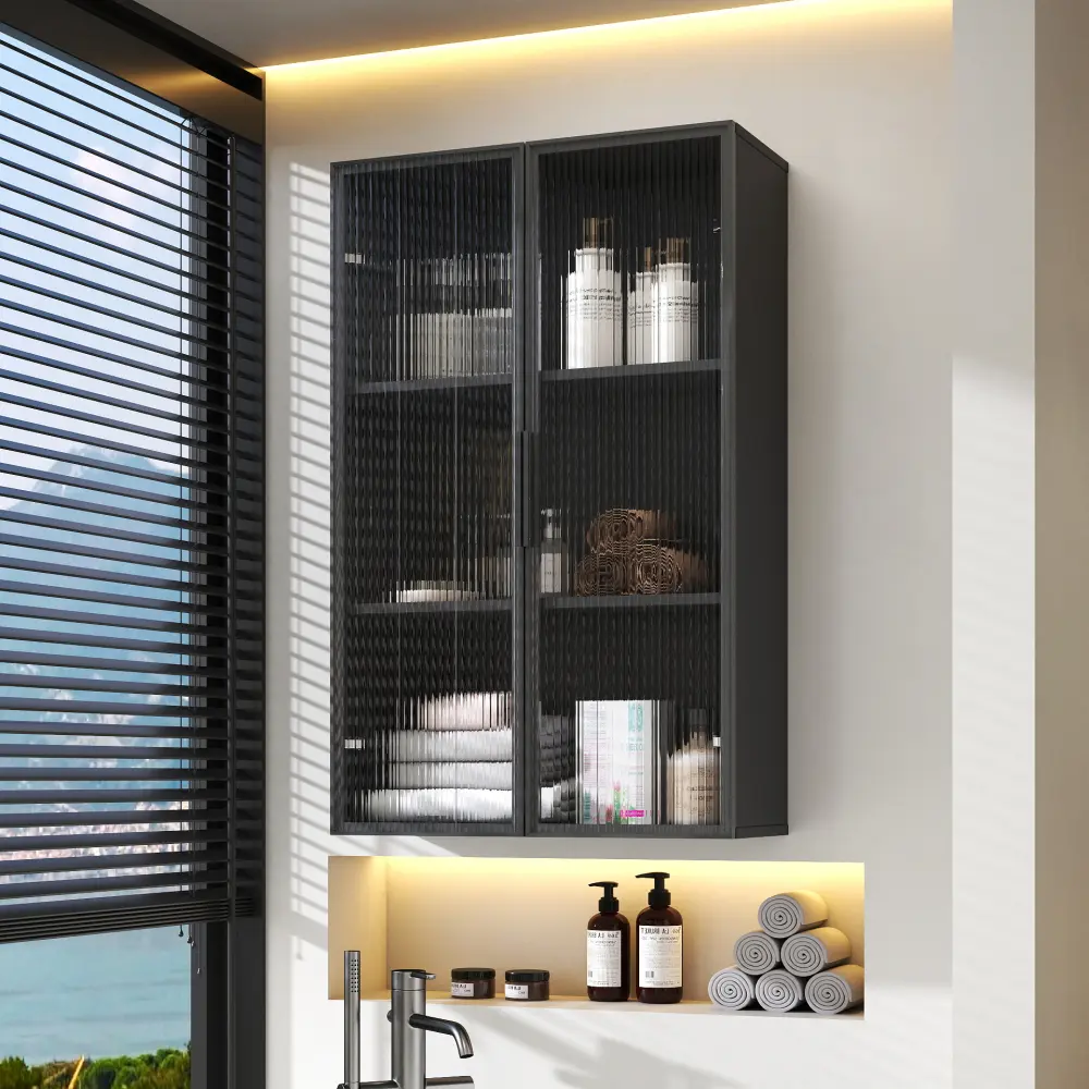 Wall Mounted Bathroom Storage Cabinet with Glass Door, Kitchen Wall Cabinet Organizer, Floating Medicine Cabinet, Bathroom Toilet Storage Cabinet, Balcony Storage Closet, Modern Home Wall Storage Shelf for Kitchen, Bathroom, Laundry Room & Living Space