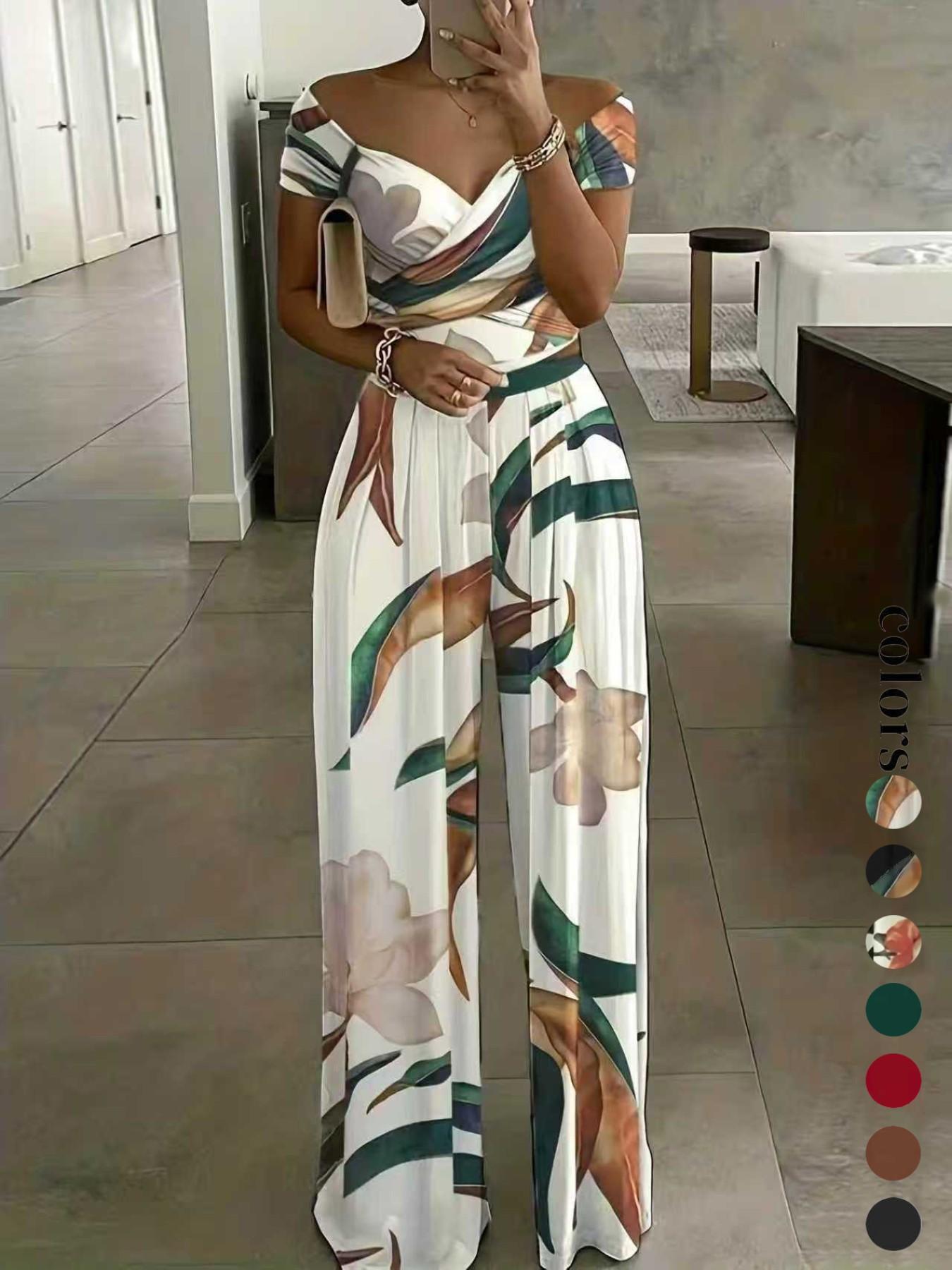 Women's Floral Print Off-Shoulder Wrap Jumpsuit, High Waist Fitted Jumpsuit, Boho Style Sexy Fashion Jumpsuit for Women