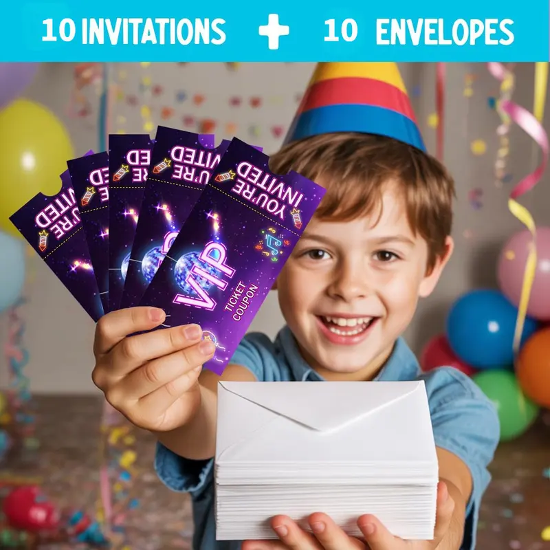 Neon Starry Sky VIP Ticket Style Party Invitations, Retro Disco Paper Invitation Cards with Envelopes, You're Invited Party Invite Set for Birthday Theme Party,10 Cards and 10 Envelopes
