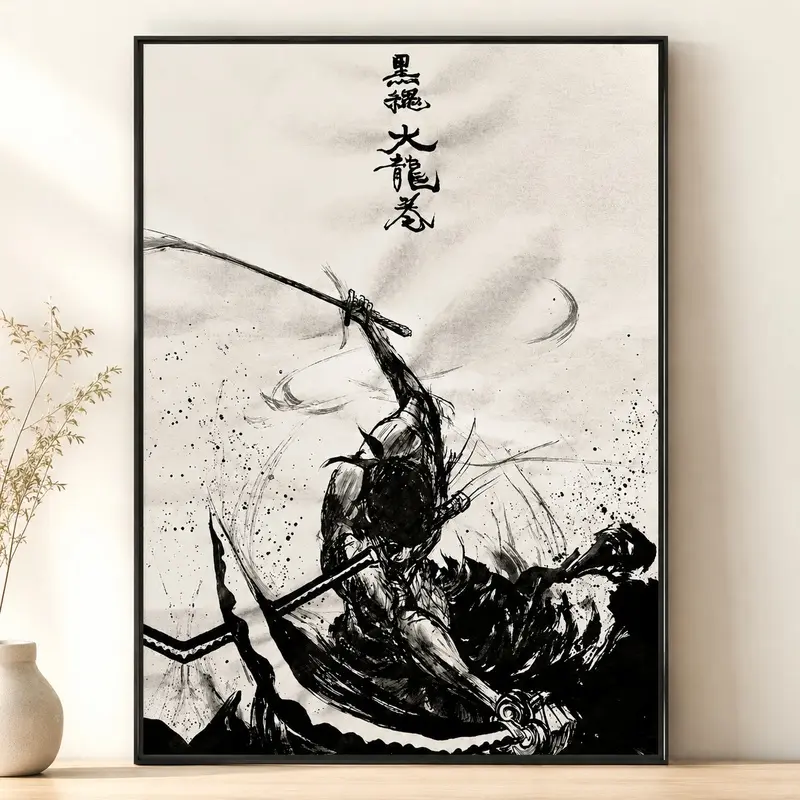 Zoro Anime Samurai Wall Art Poster - Black & White Ink Style Canvas Print, 1 Piece Inspired Japanese Sword Decor, Otaku Gift for Bedroom, Gaming Room, Home Decor, Bedroom Decor