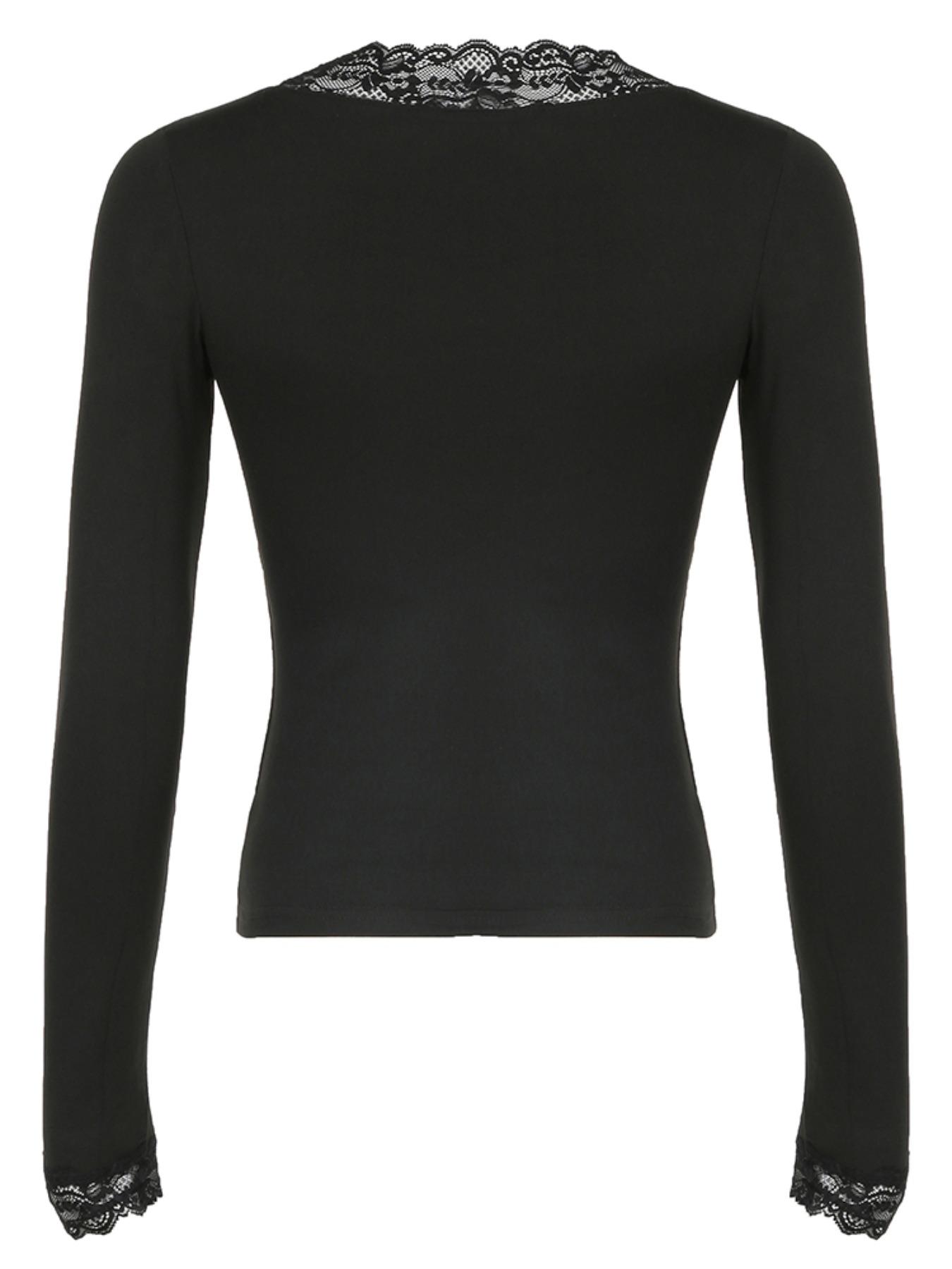 Women's Contrast Lace V Neck Tee, Elegant Long Sleeve Top for Daily Wear, Ladies Clothes for All Seasons