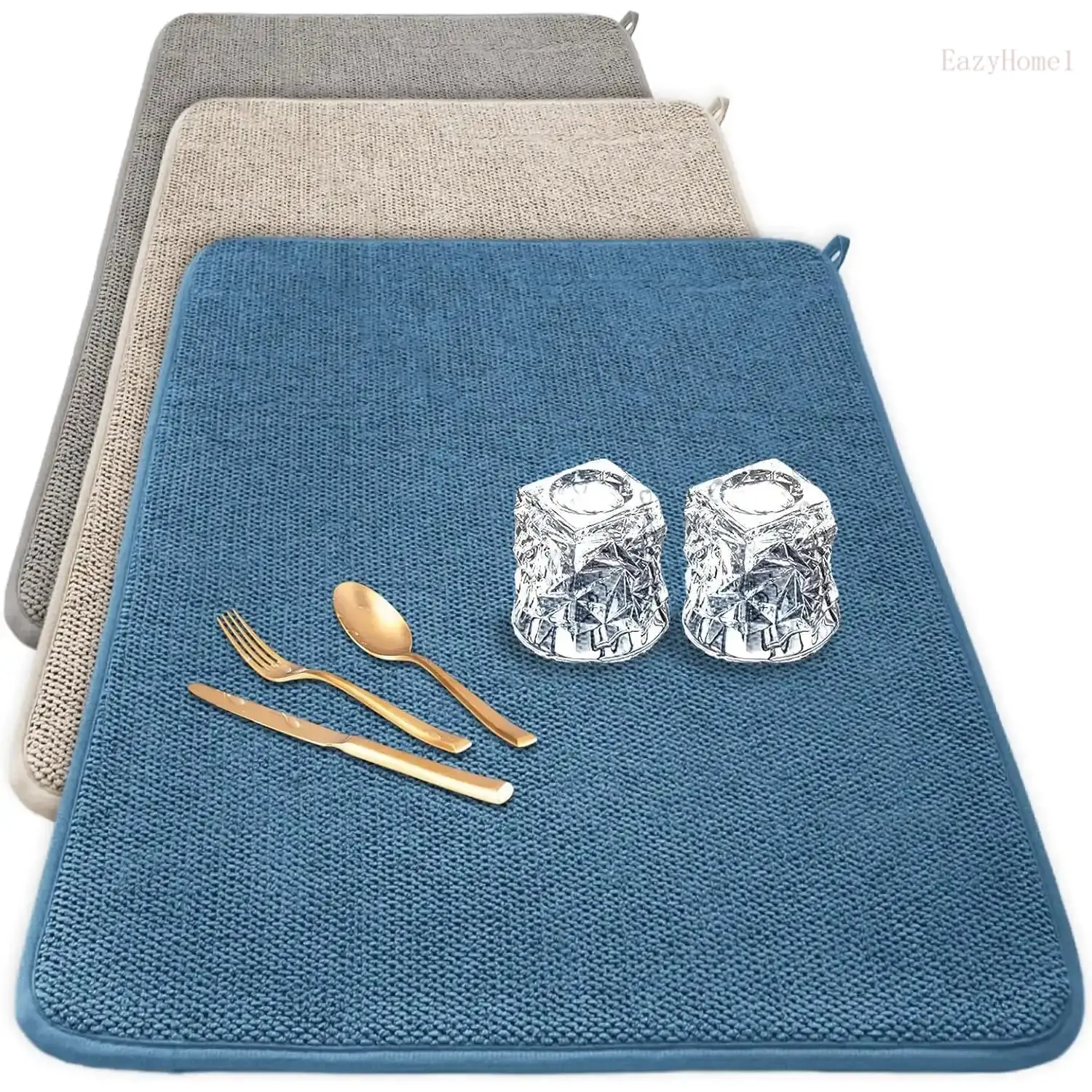 3-Pack XXL Rectangular Microfiber Dish Drying Mats (17in*24in/43cm*60cm) - Durable, Highly Absorbent Fabric, Mold-Resistant, Cushioned Home Supplies for Tableware, Drainer Rack, Table Top, Beige/Blue/Gray, Modern Home Decor