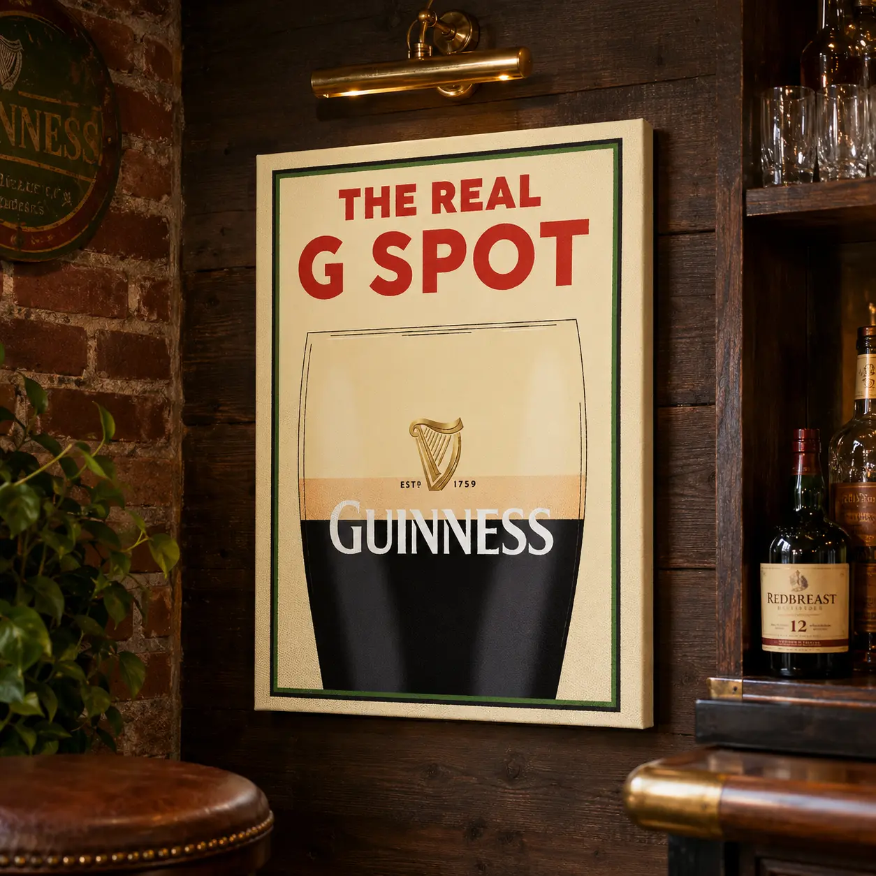 G Spot Guinness Artistic Canvas Wall Decor Print, Funny Vintage Beer Pint Poster, Retro Irish Pub Decoration for Home Bar Man Cave, Framed or Unframed Gift for Beer Lovers