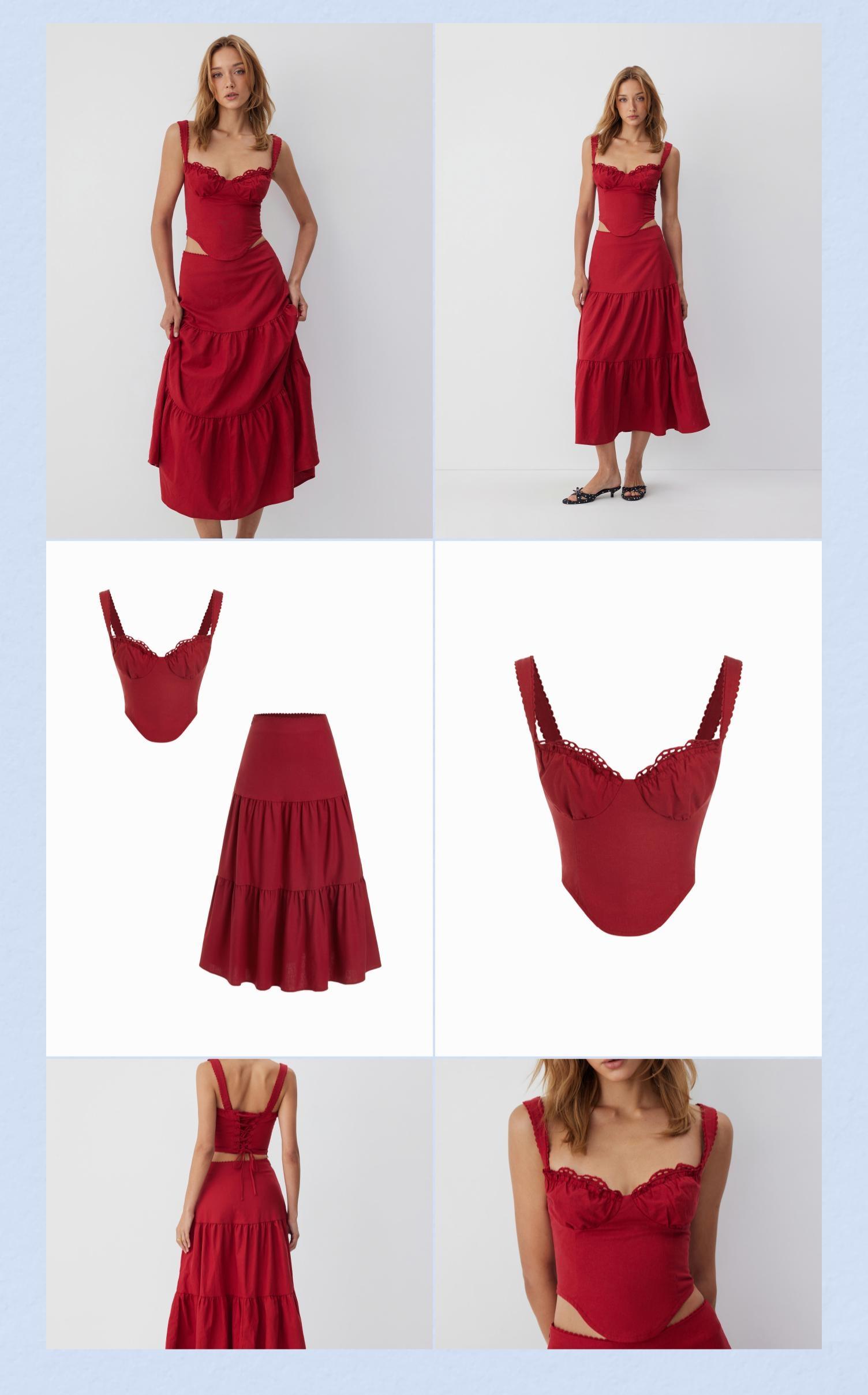 Cider Linen-blend Sweetheart Corset Lace up Cami Top & High Rise Tiered Maxi Skirt Set SohoChic