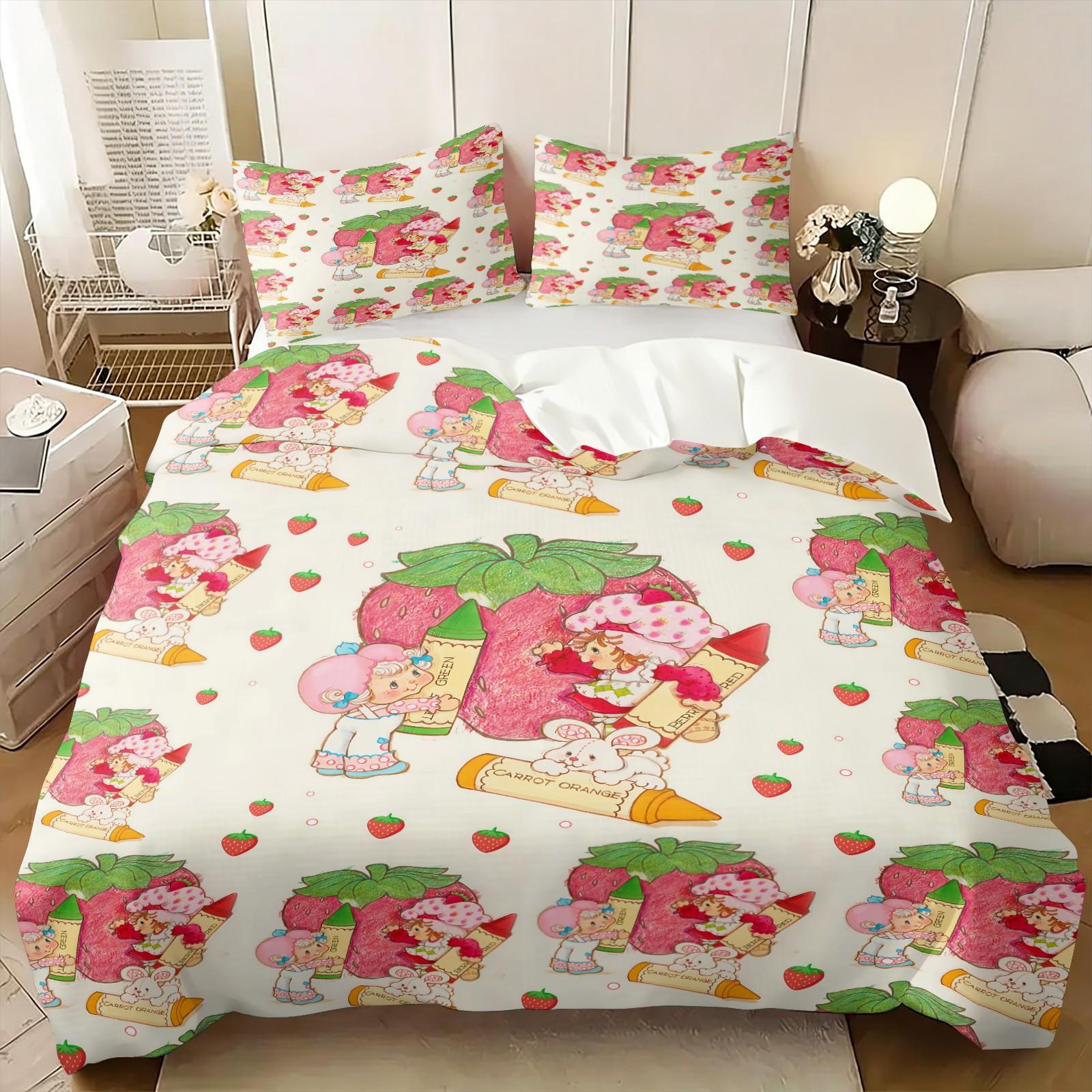 Vintage Strawberry Girl Cartoon 3-Piece Duvet Cover Set, Ultra-Soft Microfiber Bedding with 2 Pillowcases, Cute Kawaii Style Bedding for Kids Girls Bedroom Dorm Decor