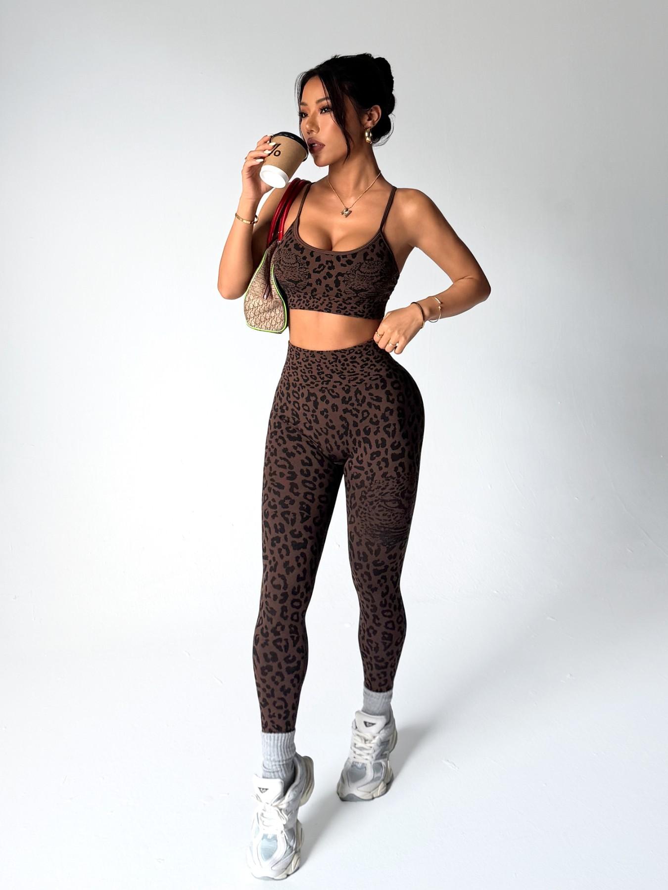 Women's Spring Summer Leopard Print Two-Piece Set, Fitted Sportswear Set, Matching Bodycon Athletic Workout Set, Athletic Clothing Set, Adjustable Straps Backless Top + High Waist Tummy Control Nine-Point Tight Yoga Pants