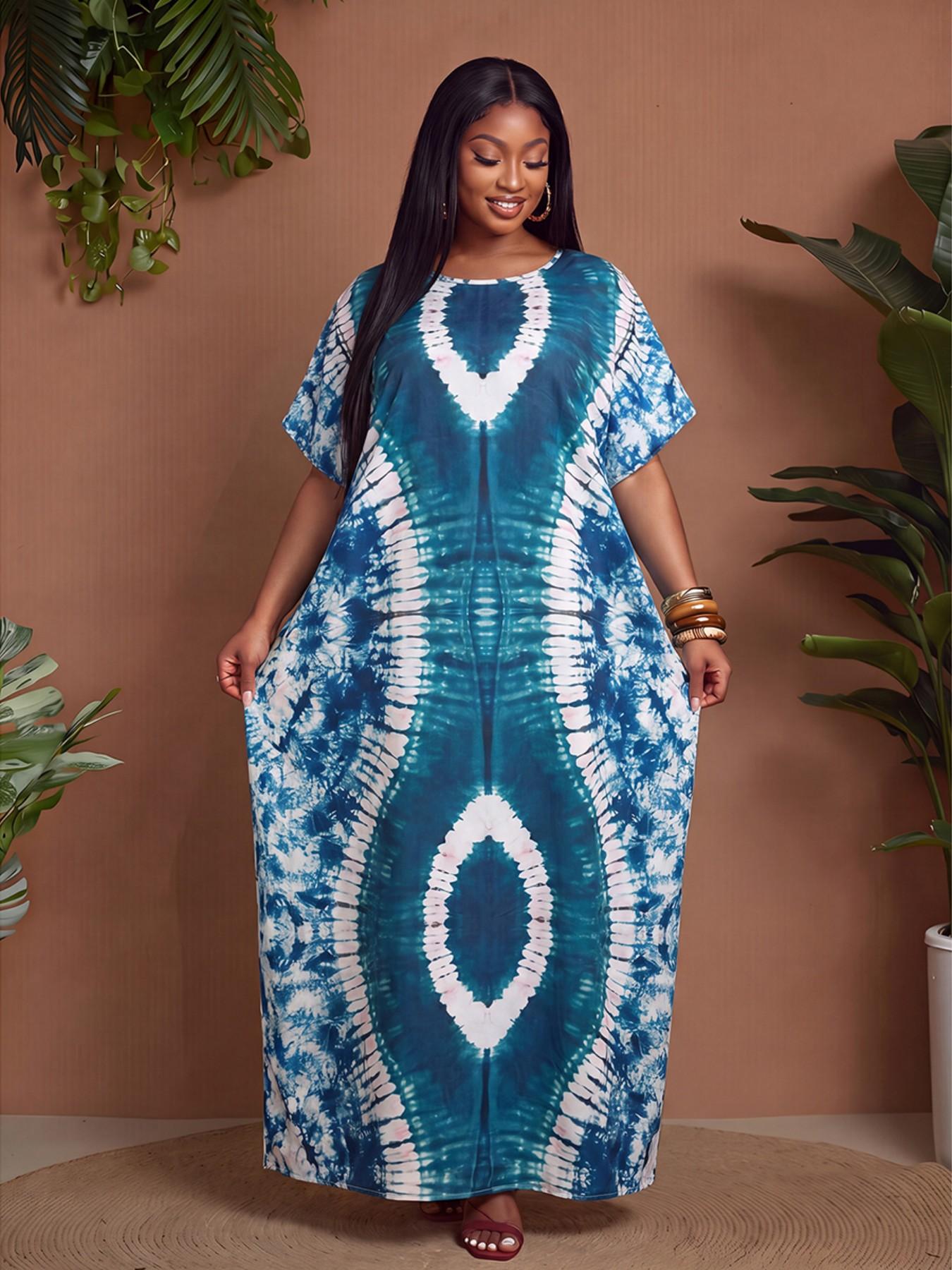 African Totem Print Long Dress, Bohemian Print Dress, Boho Style Loose Fit Short Sleeve Maxi Dress, Plus Size Home Beach Summer Vacation Dress, Vintage Exotic Wind, Casual