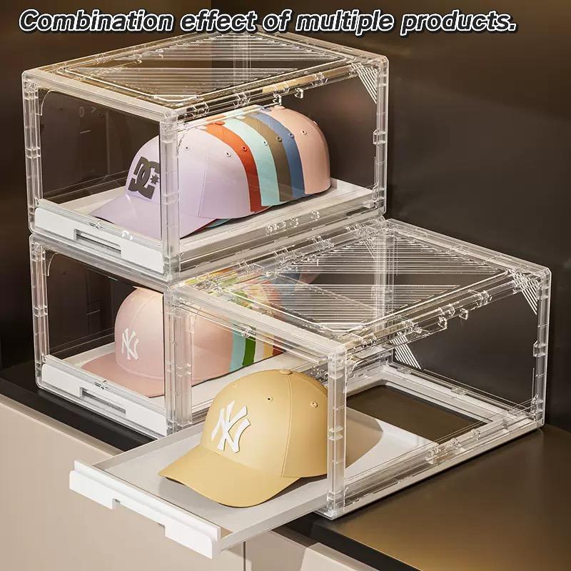 Baseball Cap Storage Box Set, Transparent Hat Organizer Case with Drawer & Sliding Tray, Stackable Display Rack Holds Up to 12 Caps