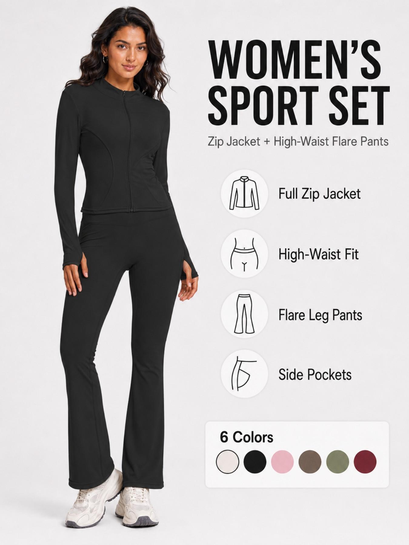 Women's Sport Set 2 Piece Outfits, Slim Fit High Stretch Activewear Running Zip Up Jacket and High Waist Flared Yoga Pants Tracksuit with Pockets Sportswear Set Athletic Clothes Set
