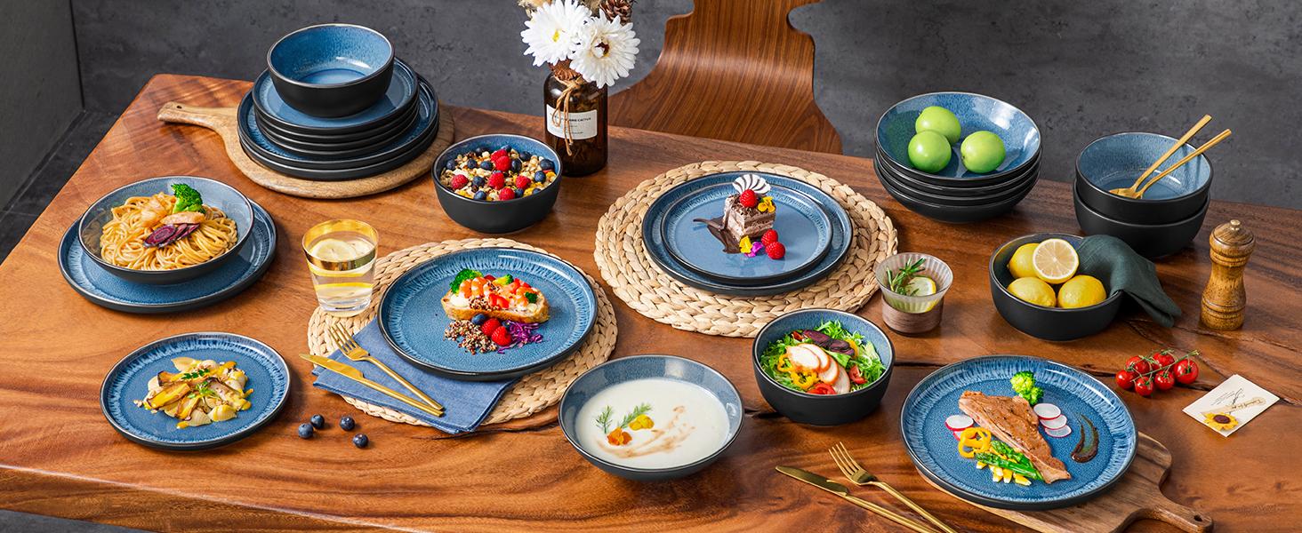 vancasso PLA Plates and Bowls Sets, 16/18/24 Pieces Stoneware Dinnerware Sets Dishes Set Modern kitchen Dishware Sets Service for 4-6 People, Dishwasher and Microwave Safe, Blue, Black, Green Set vancasso PLA Plates and Bowls Sets, 16/18/24 Pieces Stoneware Dinnerware Sets Dishes Set Modern kitchen Dishware Sets Service for 4-6 People, Dishwasher and Microwave Safe, Blue, Black, Green Set