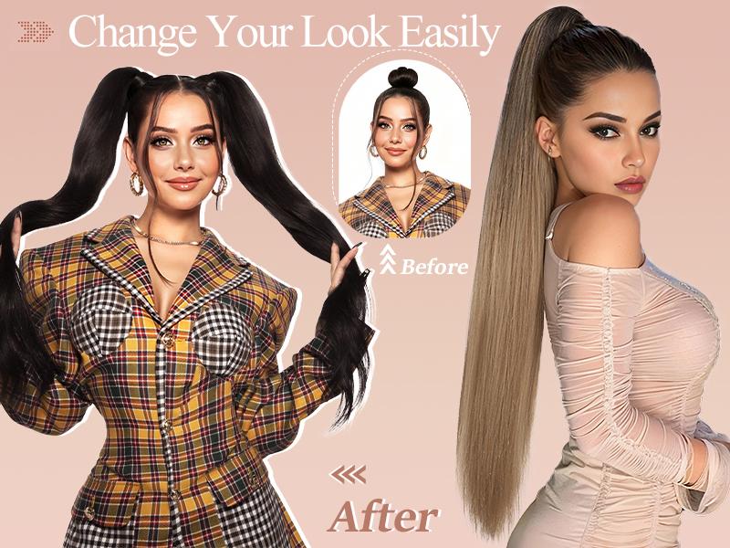 ORSUNCER Ponytail Extensions Drawstring Long Straight Fake Pony Tail Natural Soft Clip in Hair Extension Synthetic Heat Resistant Hairpiece 32 Inch Black For Women