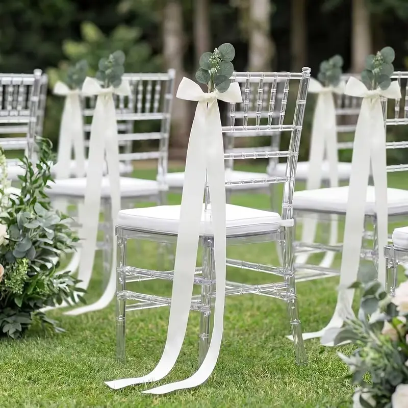 16pcs (Including 8pcs Artificial Faux Leaves + 8pcs Satin Ribbons), Wedding Ribbon Bow Aisle Decorative Decorations. Perfect for Wedding Ceremonies. White Artificial Eucalyptus Branches with Satin Bows, Ideal for Church Pew Decorations.