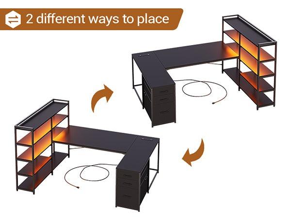 Sikaic L Shaped Gaming Desk, Reversible U Shaped Computer Desk with Power Outlet and Storage Shelves, Corner Gaming Desk with LED Lights, 3 Fabric Drawers, Black Sikaic L Shaped Gaming Desk, Reversible U Shaped Computer Desk with Power Outlet and Storage Shelves, Corner Gaming Desk with LED Lights, 3 Fabric Drawers, Black