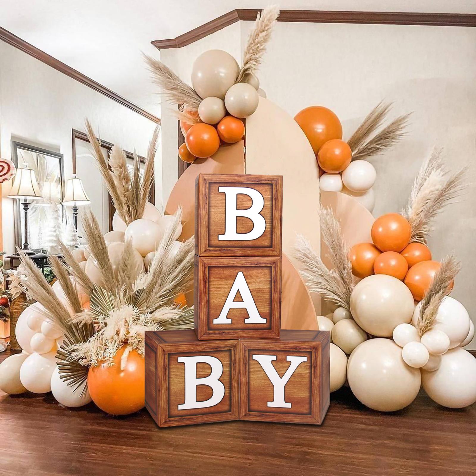 Wood Grain Printing Baby Shower Display Boxes Decoration, Neutral Gender Reveal Backdrop Brown Baby Stacking Blocks Backdrop for Kids Birthday Party