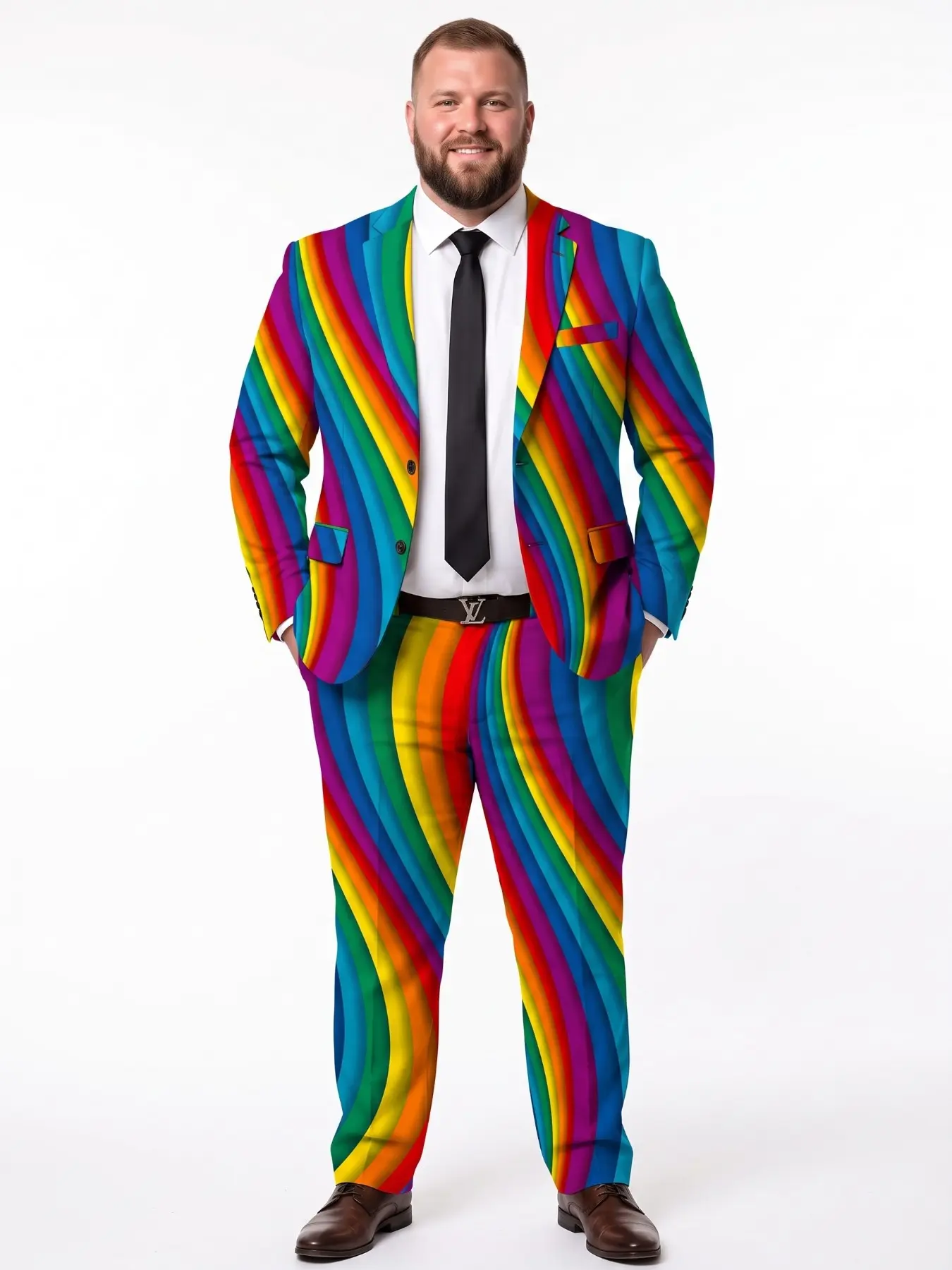 Plus-Size Men's Rainbow Striped Suit Set - Trendy Two-Piece Outfit for Theme Parade Parties