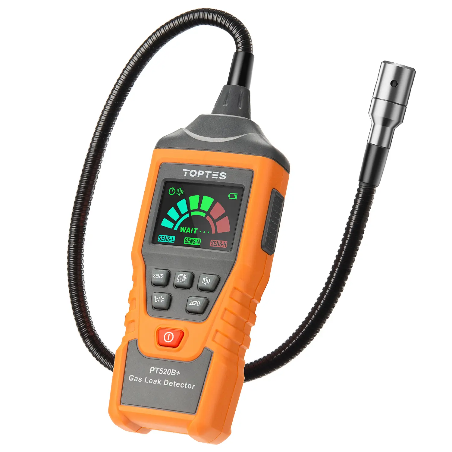 TopTes PT520B+ Gas Leak Detector with a 17-inch Probe to Situate Gas Leaks for Propane, Natural Gas, Methane, LPG in RV or Home, Measuring PPM or%LEL, Rechargeable – Orange