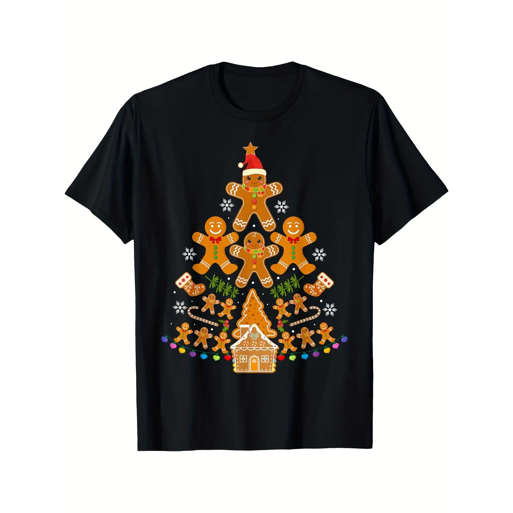 2026 Summer Short-Sleeve T-Shirt for Baking Team Featuring Gingerbread Christmas Tree Lights - Comfortable And Casual, Unisex Design in Pure