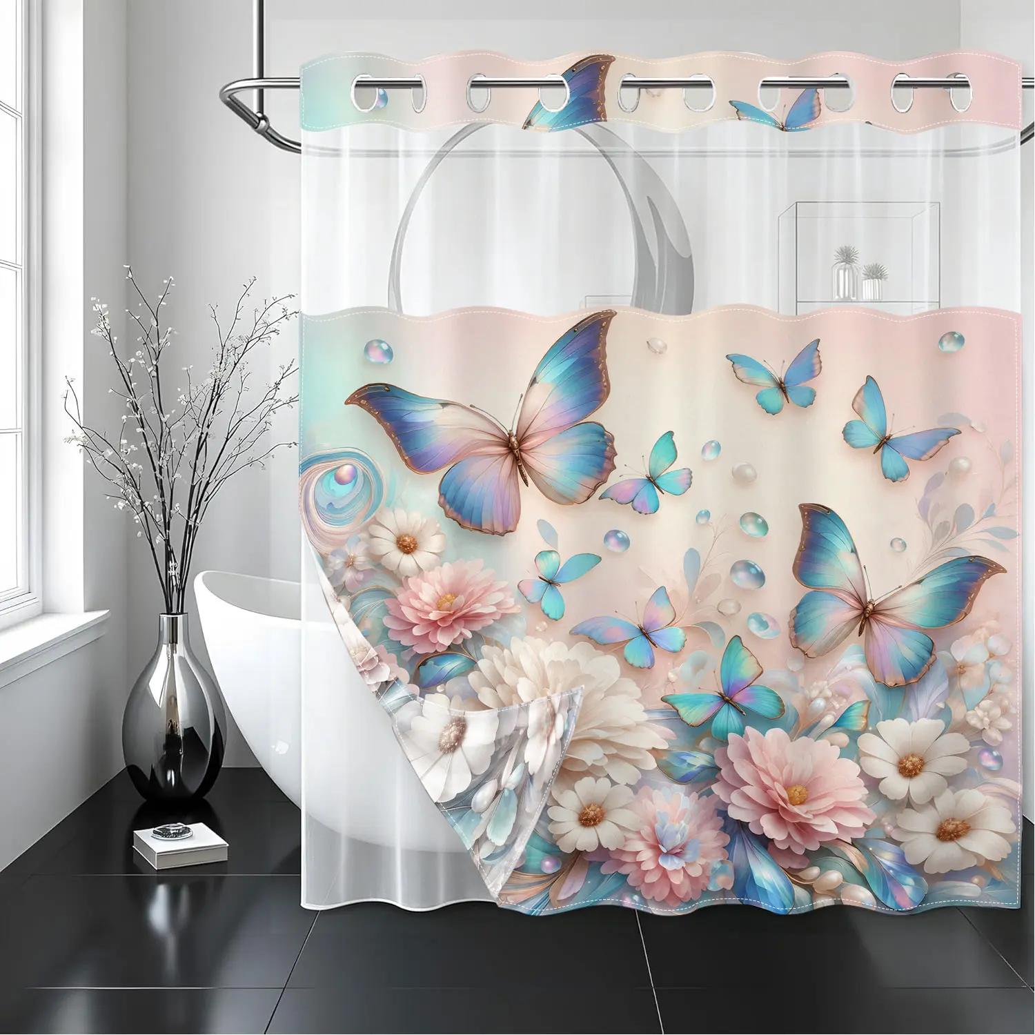 Pastel Butterfly and Floral Design Shower Curtain, Double Layer Waterproof Shower Curtain with Detachable Liner, Easy to Install,   Washable Fabric, 71x74