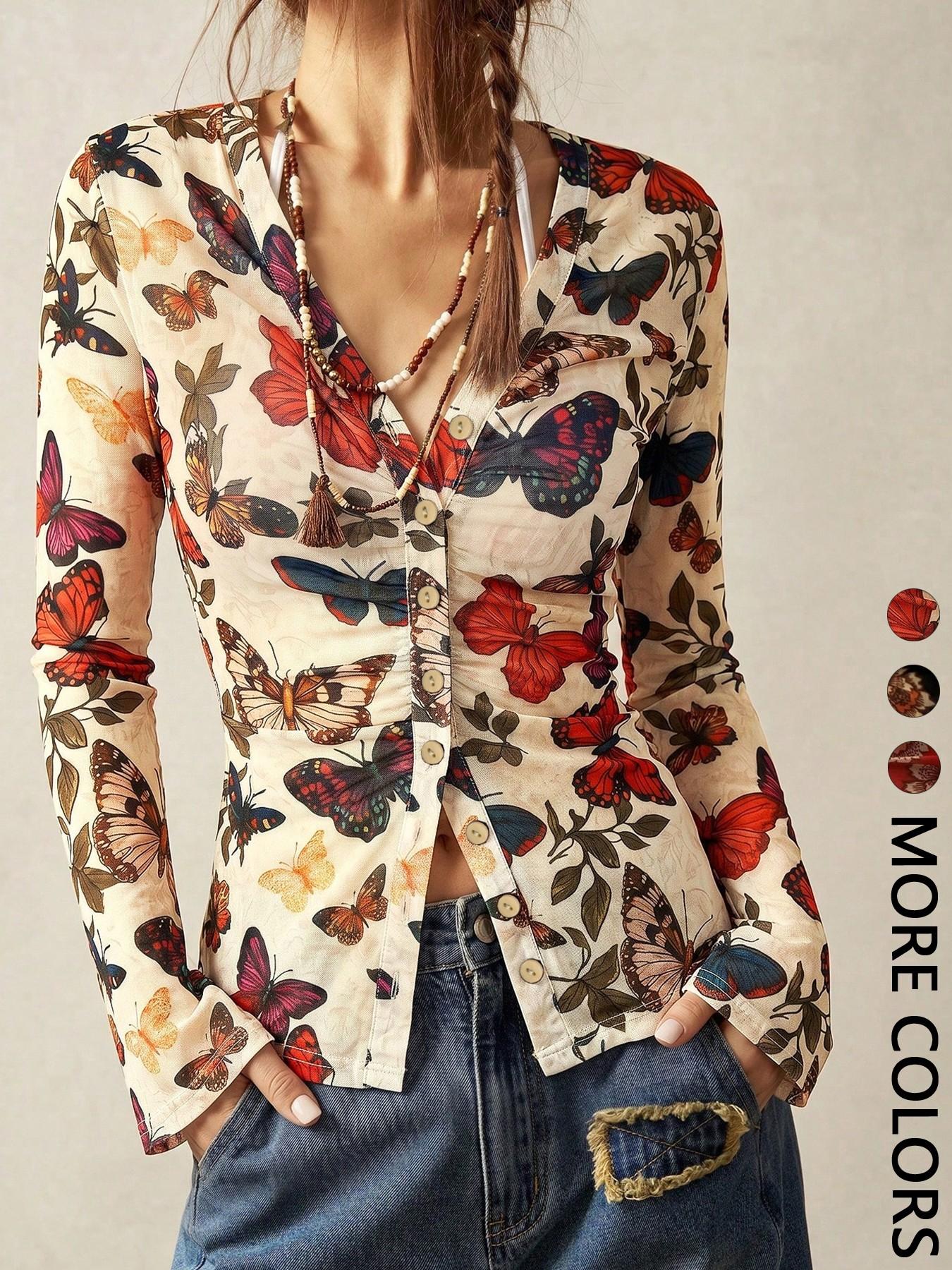 Boho Vintage V-Neck Flared Sleeve Blouse For Women Bohemian Style Vacation, Simple Fashion Casual Everyday Wear Boho Tops