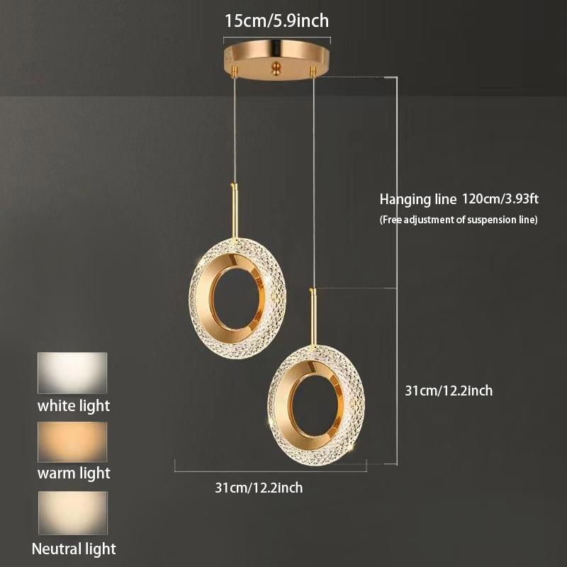 Modern Pendant Light, Dual Ring Circular Design, Acrylic Shade, LED Three-Color Switchable, Ideal for Kitchen Island, Dining Room, Bedroom