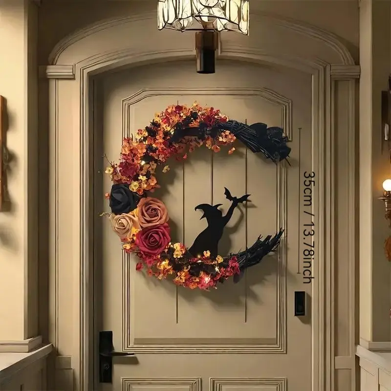 Gothic Halloween Wreath 14 Inches, Witch Cat Moon Silhouette, Durable Plastic Door Hanging, Thanksgiving Home Decor, Horror Gift, Party Setup, Spooky
