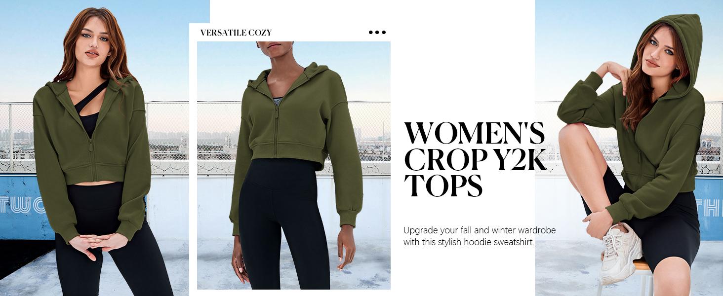 Fisoew Women's Cropped Zip Up Hoodie Sweatshirts Long Sleeve Casual Loose Y2K Pullover Tops Clothes Womenswear comfort hoodies,back to school,back to school shopping,clothes for back to school,first day of school outfits