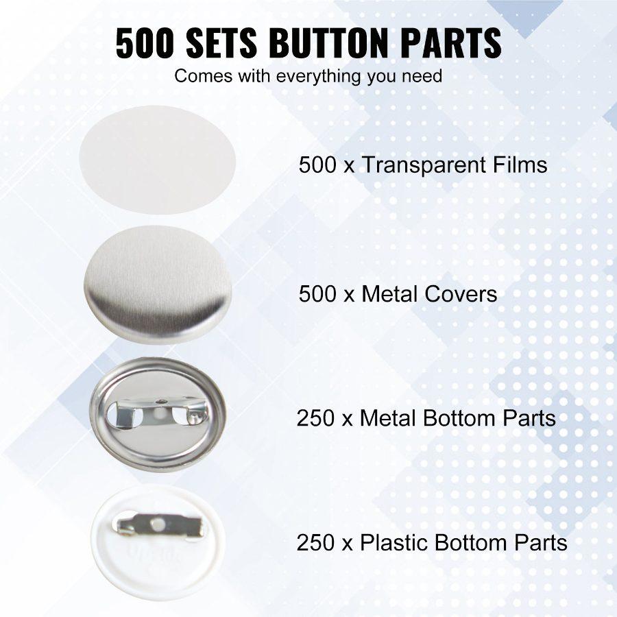 VEVOR 500 Sets 1 inch 25mm Pin Back Button Parts, DIY Round Button Badge Parts, Set Includes Metal Top, Plastic/Metal Button, Clear Film, and Blank Paper For Gifts Presents, Machine NOT Included
