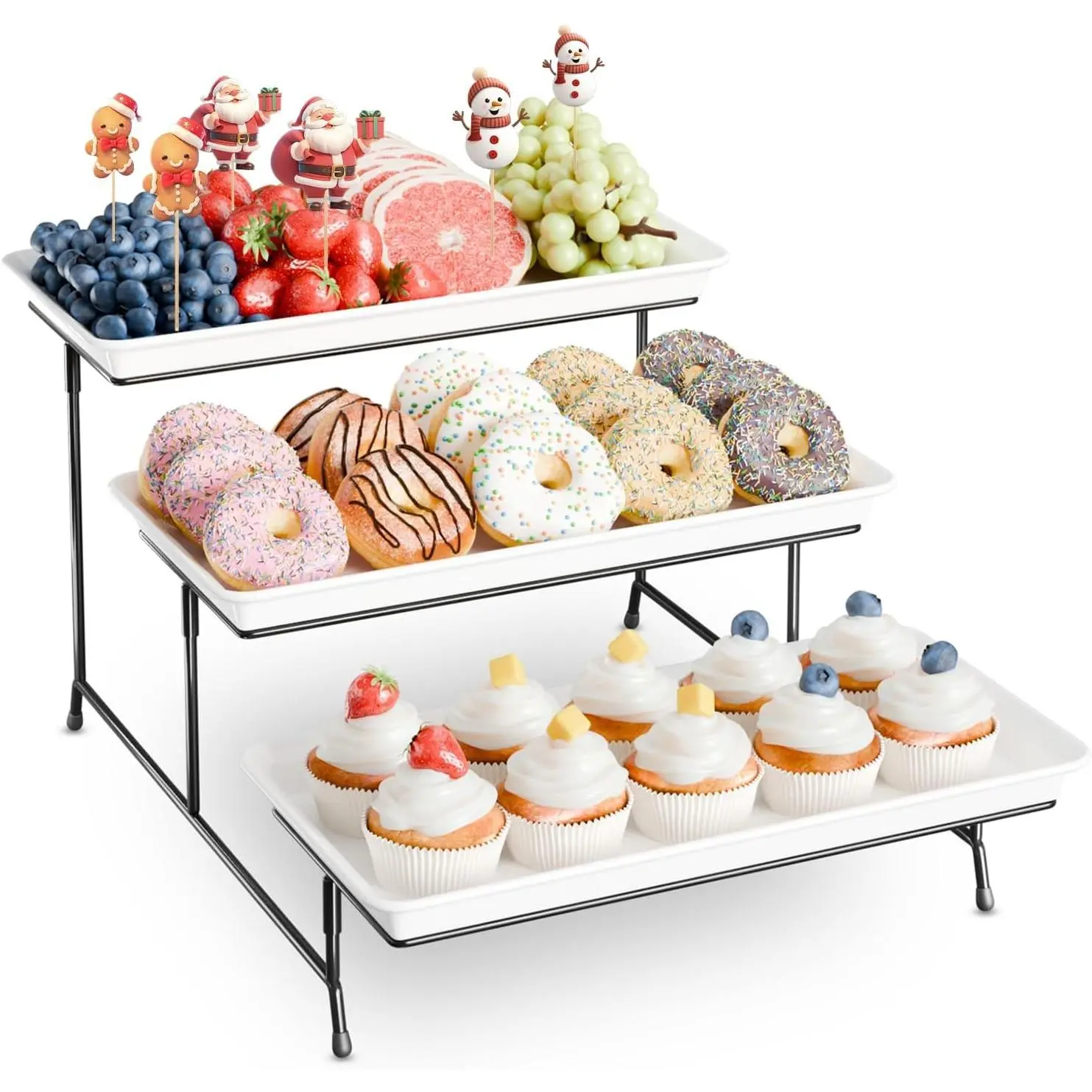3-Tier Melamine Serving Tray Set, 14 x 7 in, Black Stand | Melamine Reusable Platters with Metal Display Stand for Cupcakes, Desserts, Fruit, Cookies, Parties, Birthdays and Holidays