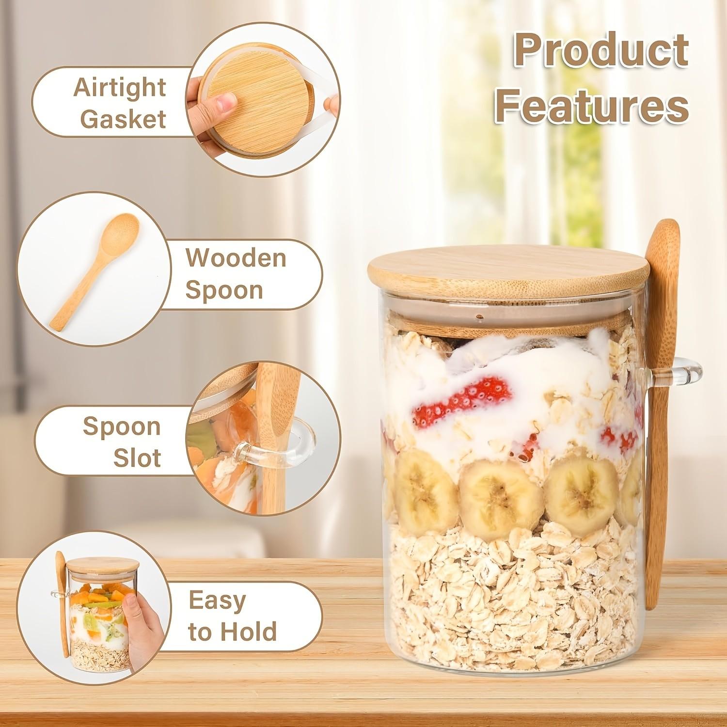 4-Pack 16oz Overnight Oat Glass Jars with Bamboo Lid, Large Capacity Breakfast Bowl, Food Storage Container, Kitchen Accessories