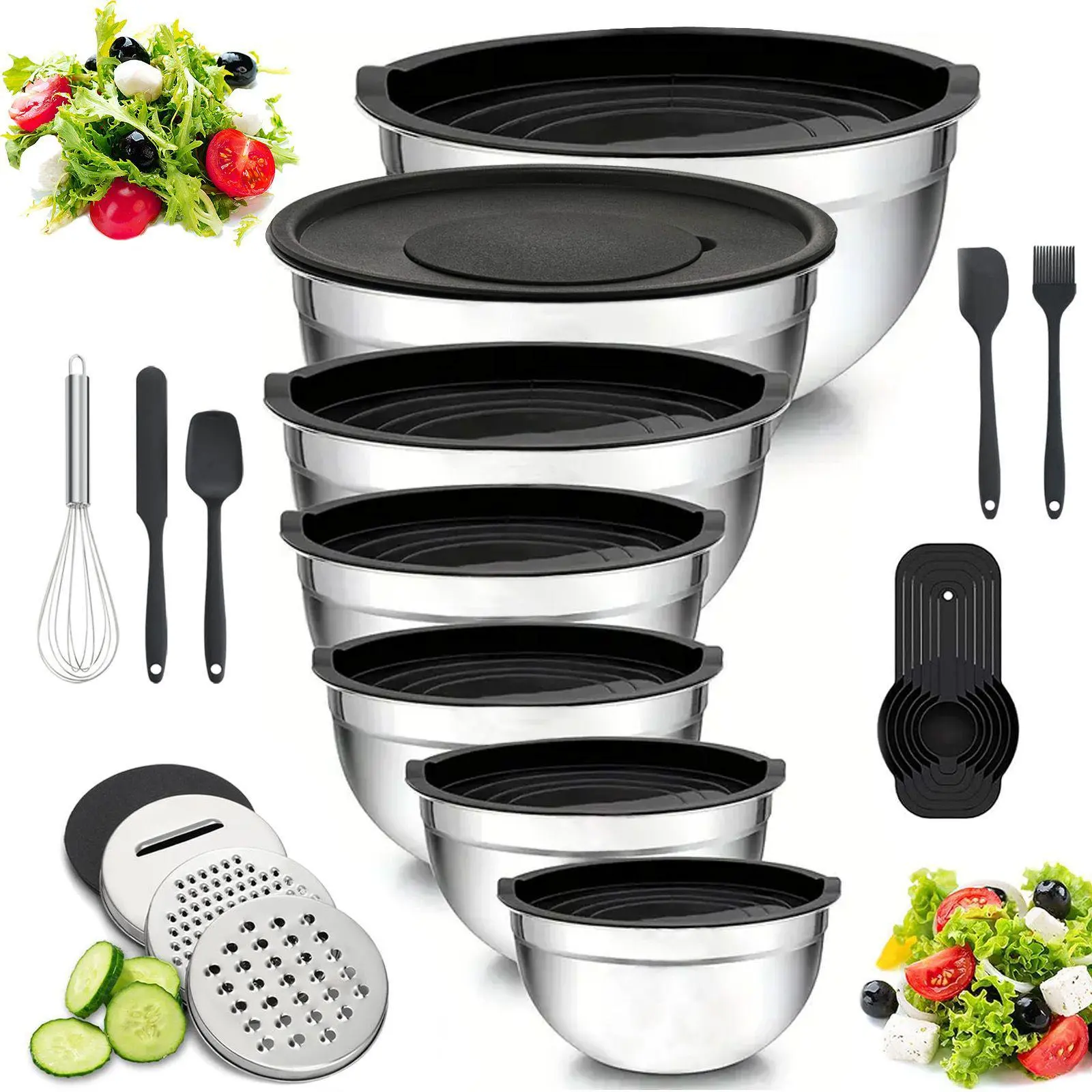 Stainless Steel Mixing Bowl Set 7Pcs Multipurpose Food Storage Bowls With Airtight Lids Grater Serving Utensils Nestable Stackable Bowls For Baking Salad Marinating Meal Prep Household Kitchen Gadgets