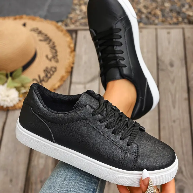 Women's Simple Lace-Up Low Top Sneakers, Soft PU Leather, Comfortable Rubber Sole, Casual Daily Wear, Anti-Slip, Lightweight, Sporty Style