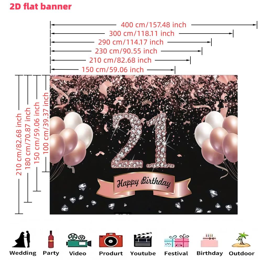 Pink gold diamond 21st birthday party background fabric, happy birthday polyester banner, suitable for living rooms, bedrooms, offices, birthdays, anniversaries, home decoration, outdoor and indoor parties, photography background fabric