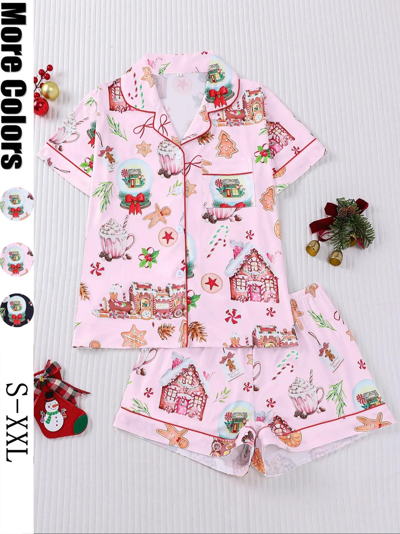 【Christmas Pyjamas】Women's Set, Watercolor Gingerbread Print, Short Sleeve Button Front Top & Elastic Shorts, Casual Home Wear, Loungewear