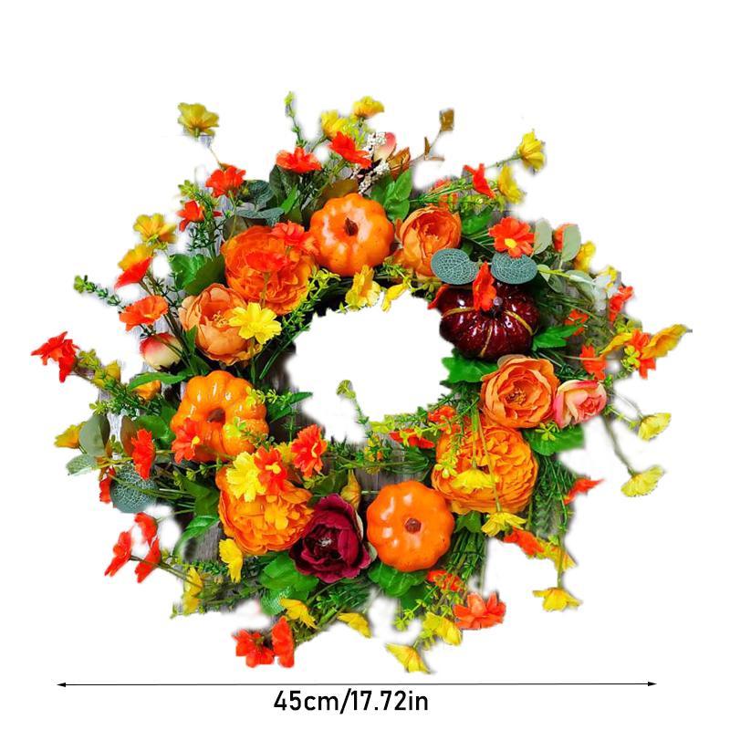 Classic Pumpkin Design Non-Woven Simulated Artificial Wreath (45cm/17.72in) - Lightweight, High-Quality Decoration with Realistic Texture, Bright Color, Strong Durability, Flower Filler for Autumn Front Door, Indoor-Outdoor Home Decor
