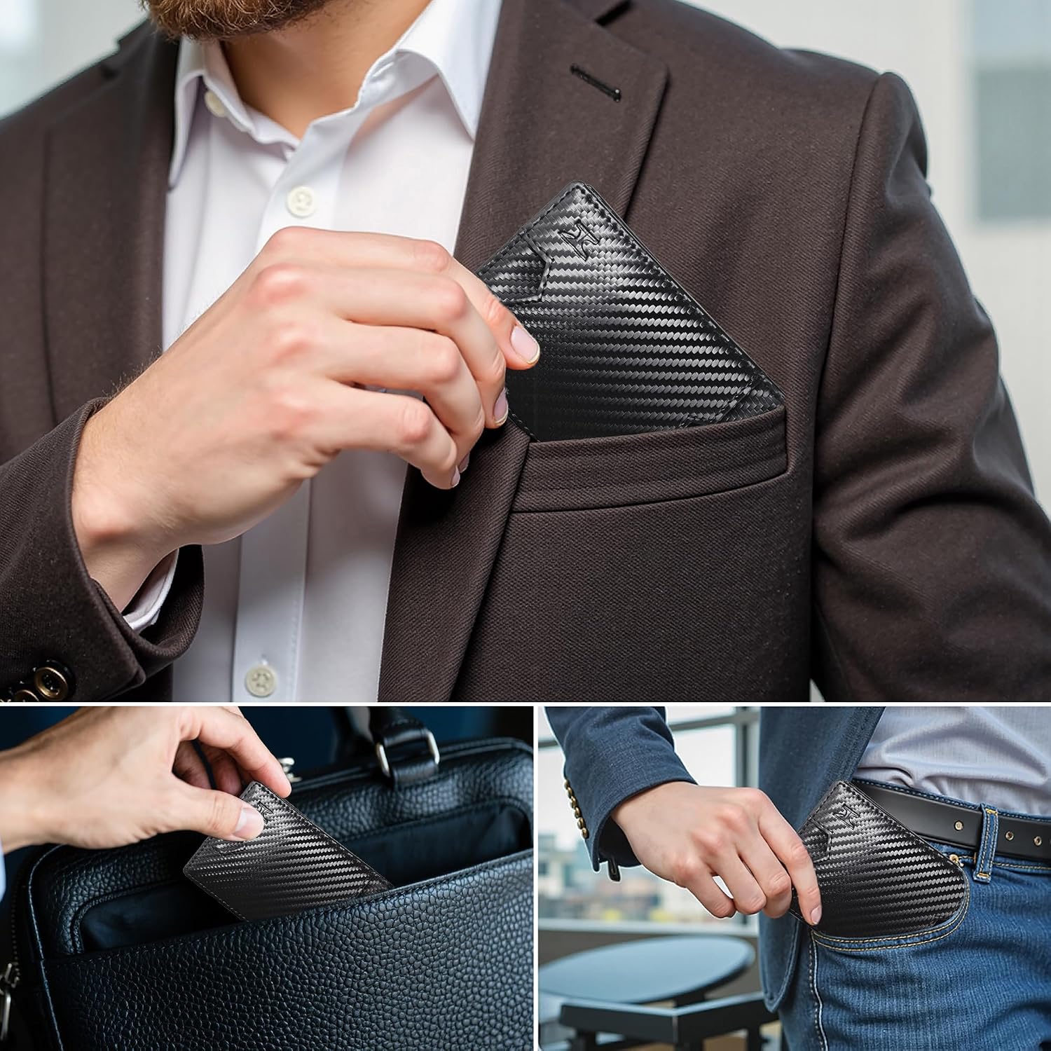 Clip Wallet Men Card Holder 10 Slots 1 ID Window RFID Blocking Black |  Box,Quick Access,Thumb Hole,Travel Essential,Water-resistant,Anti-scratch,Carbon Fiber Design,Bifold,Slim,Front Pocket