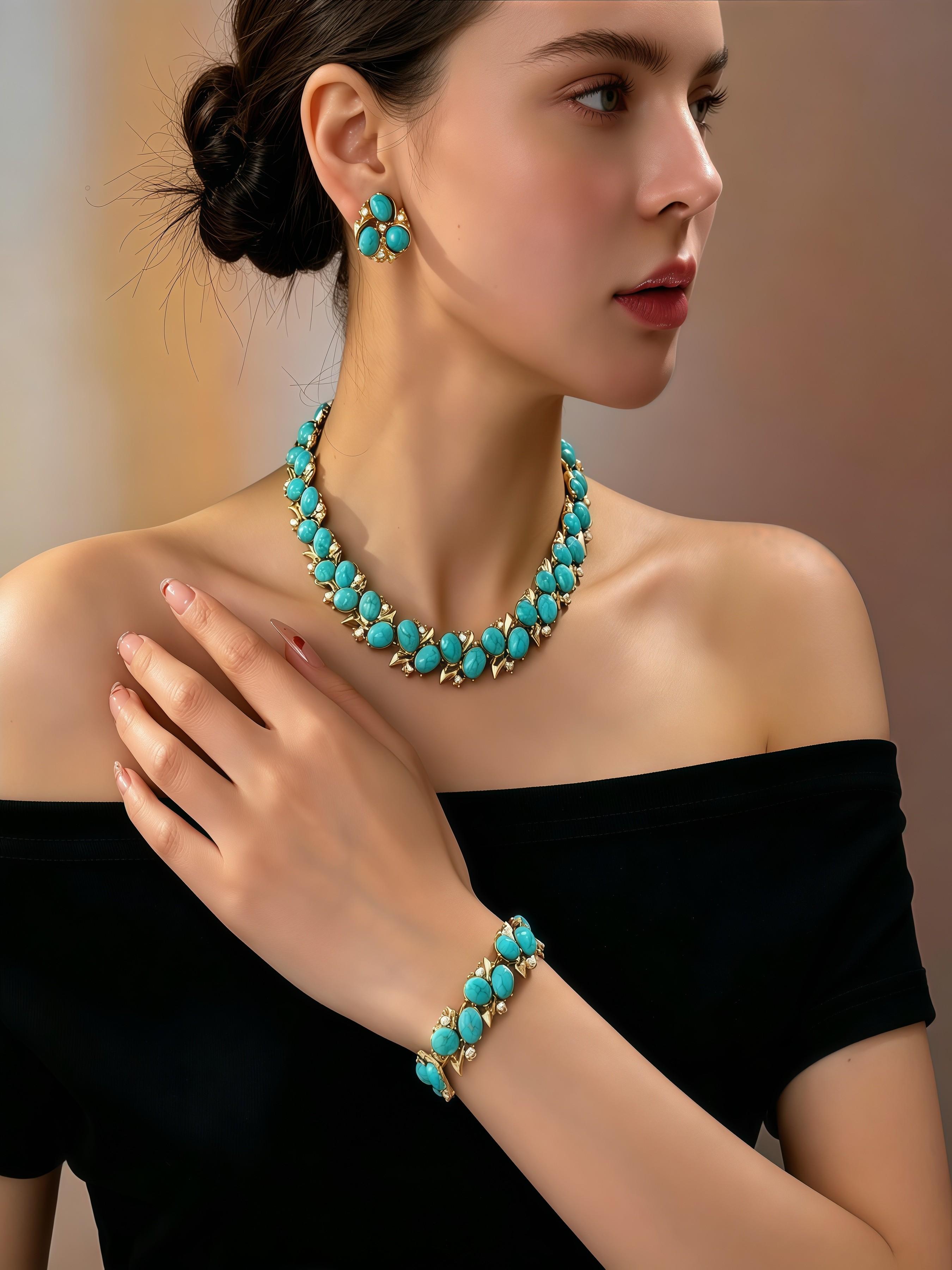 Vintage Gold Tone Turquoise Statement Jewelry Set, 3-Piece Necklace Earrings Bracelet, Luxury Turquoise Gemstone Jewelry for Women, Party Prom Wedding Accessory Gift
