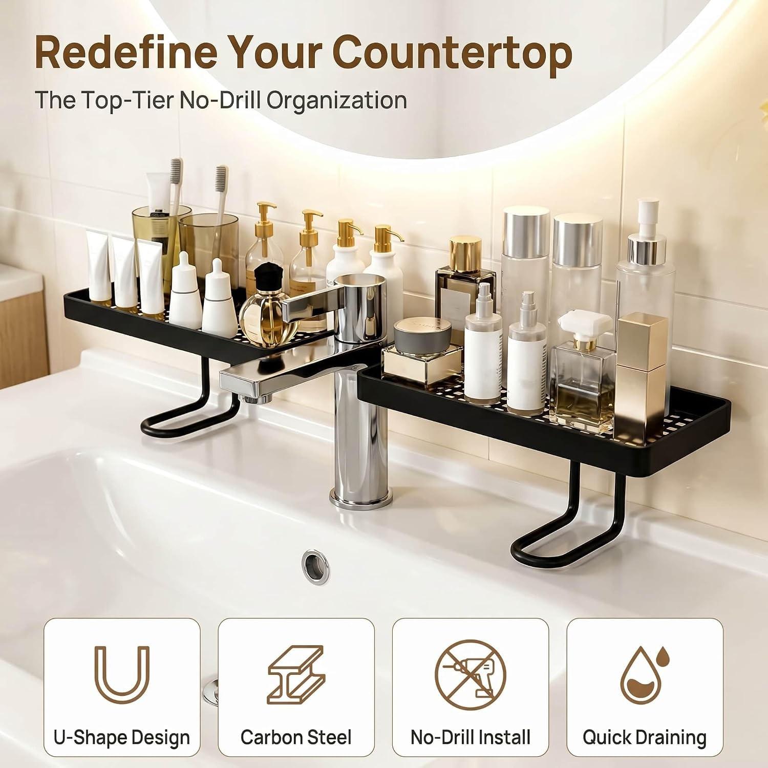 Over the Sink Shelf No Drill No Glue, Over The Sink Shelf Bathroom Organizer, No Drill Behind The Faucet Sink Organizer with U-Shaped Design, Space Saving Smart Sink Organizer Rack