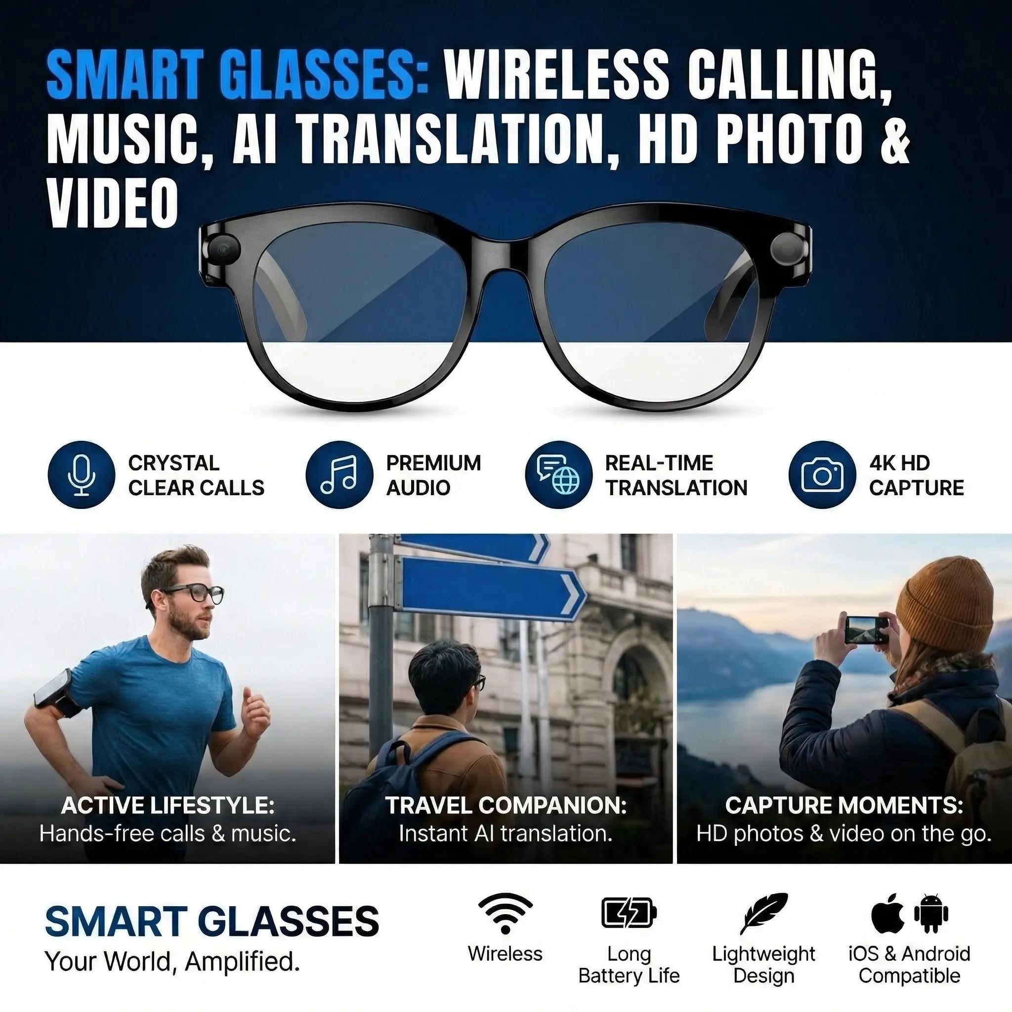 Multifunctional Translation Smart Glasses M89, Ai Recognition, Video Recording, HD Camera, Non-Color Changing, Lithium Ion Battery