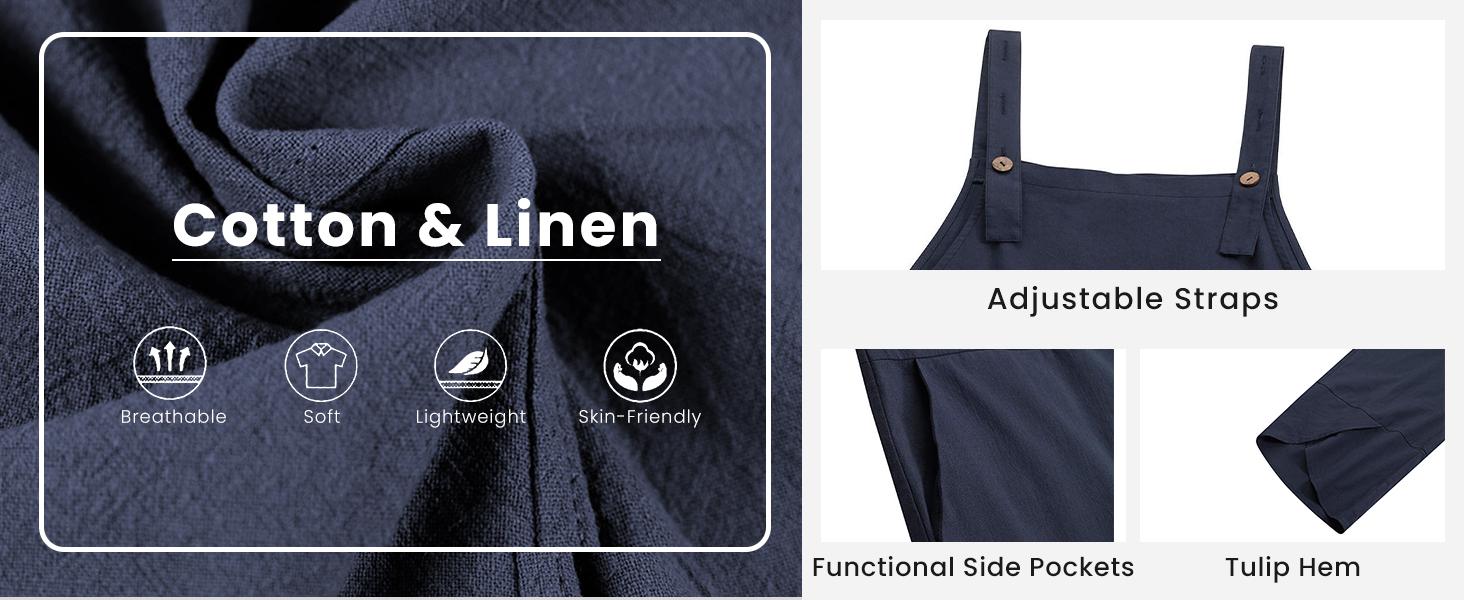 UANEO Womens Cotton Adjustable Casual Summer Bib Overalls Jumpsuits with Pockets