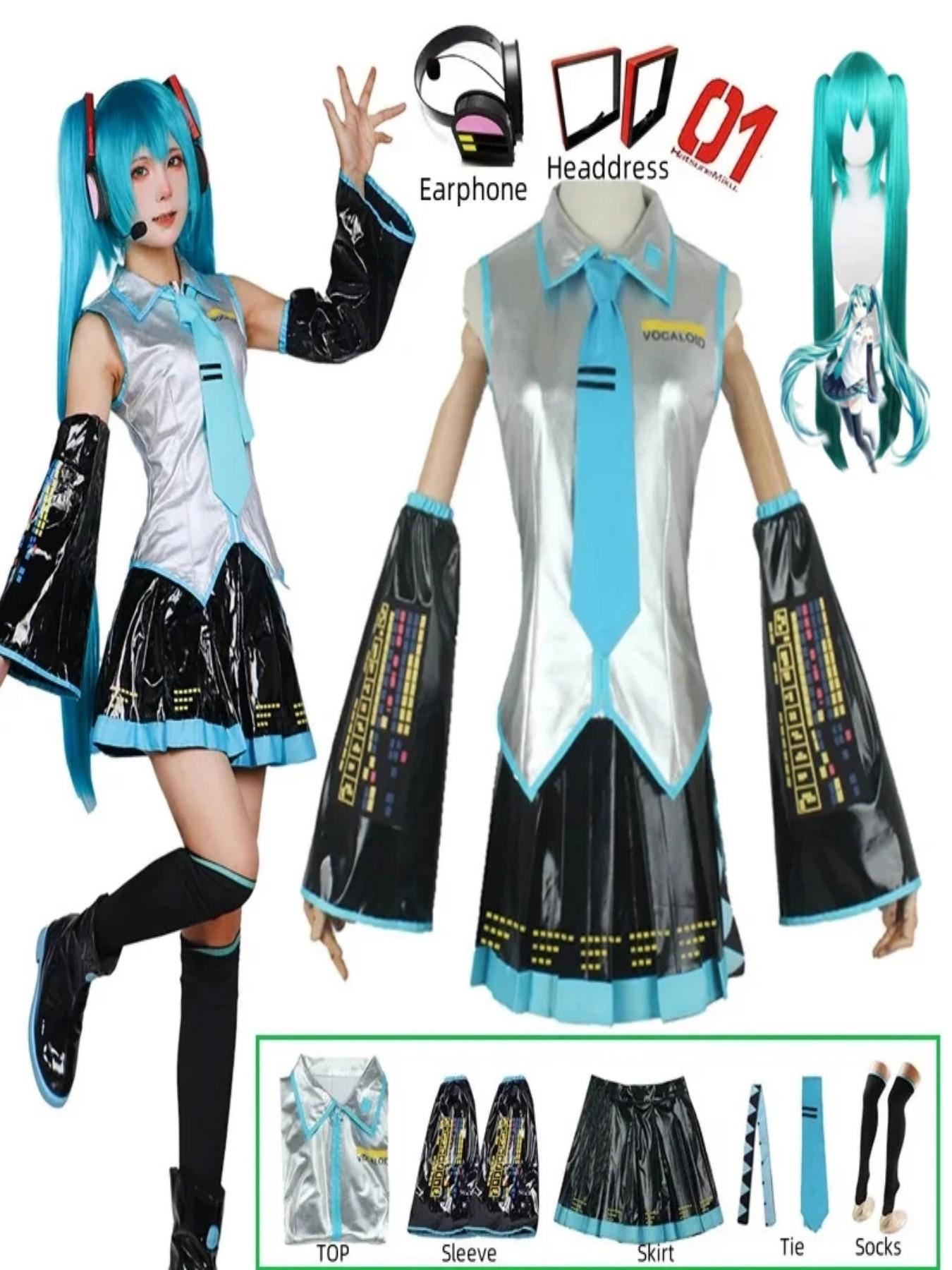 Miku Cosplay Full Set Silver Leather Fabric Suit Miku Cosplay Headwear Costume Outfit JK Sailor Dress High School Uniform Hallow