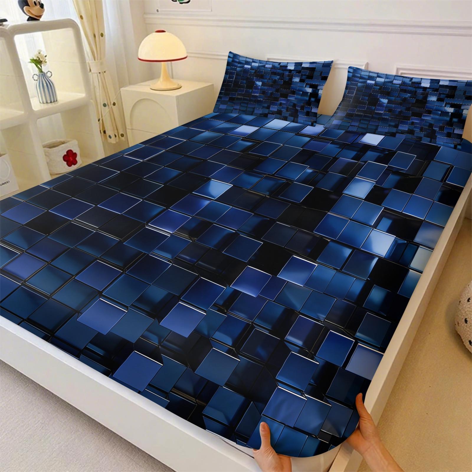 Deep Sea Neon Cube 3D Visual Fitted Sheet Set & 2 Pillowcases No Core, Blue Metallic or Glass Reflective Textures Square Matrix Blocks Design, Soft Wrinkle-Resistant, Futuristic Bedroom Decor, Gift Choice