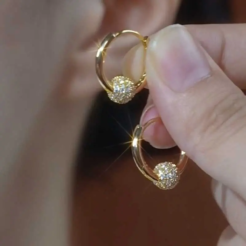 DL260804H14 Full Rhinestone Ball Hoop Earrings, Fashionable Premium 2024 Unique Niche Elegant Light Luxury Ear Jewelry, All Seasons, Single Pair, Delicate & Versatile Costume Accessory