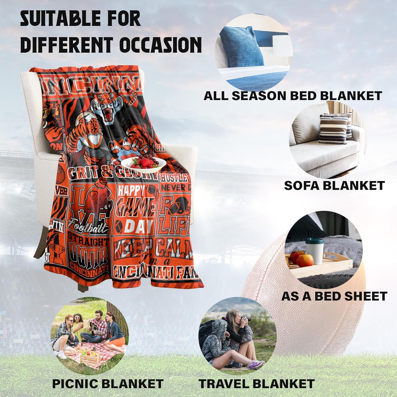 Cincinnat Football Fleece Blanket Soccor Theme Throw Blanket for Boys and Men - Soft Flannel Gift for Football Fans and Lovers